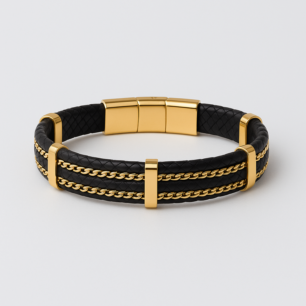Braided Leather & Chain Bracelet – Black Gold Fusion Edition