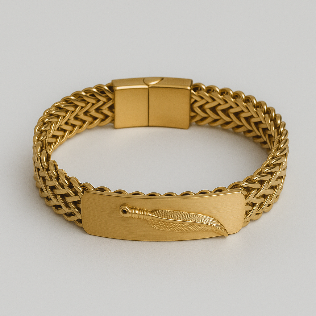 Braided Steel Bracelet – Gold Feather Edition