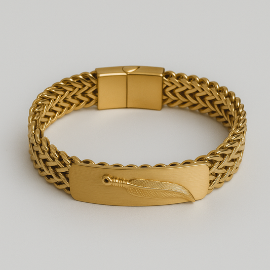 Braided Steel Bracelet – Gold Feather Edition
